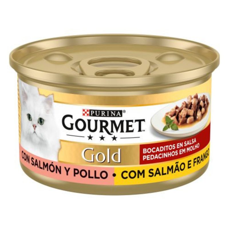 Caja de 24 Unidades Gourmet Gold Delicias de Salmón y Pollo, 85 g