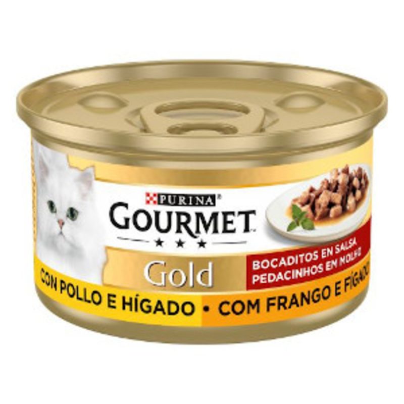 Caja de 24 unidades Lata Gourmet Gold Delicias de Pollo e Hígado para gatos 85 g