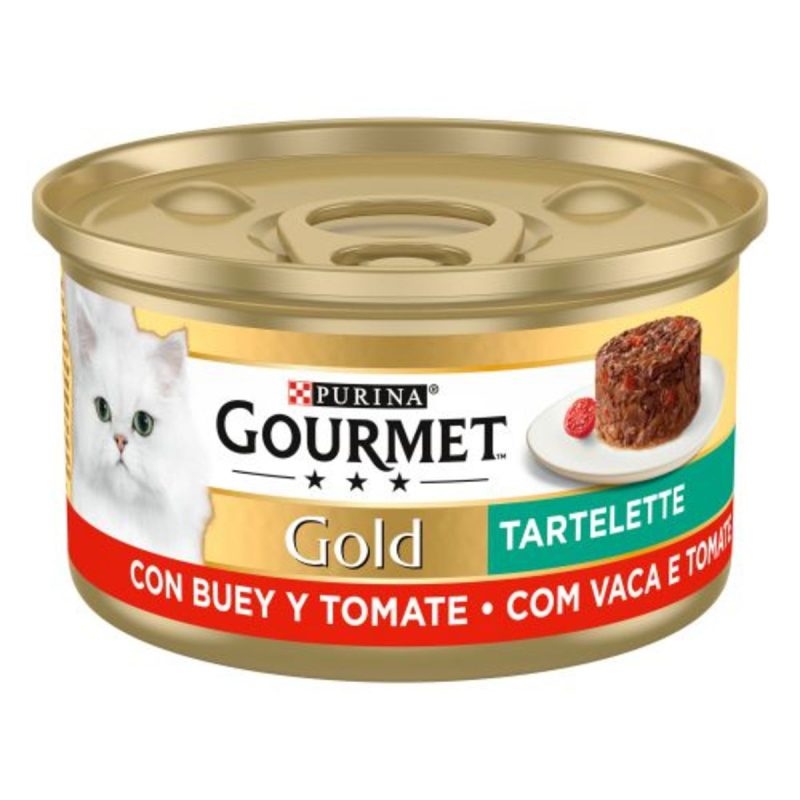 Caja de 24 unidades Lata Gourmet Gold Tartelette Buey y Tomate para gatos, 85 g