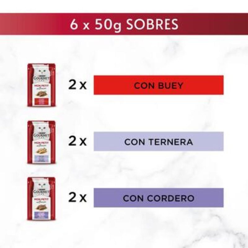 Gourmet Mon Petit Selec. Carnes. Pack 48 Unds. 8 Cajas x 6 Sobres  de 50 Gr
