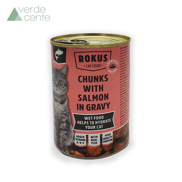Rokus Cat Food alimento umido completo per gatti al sapore di salmone a pezzi 410 g