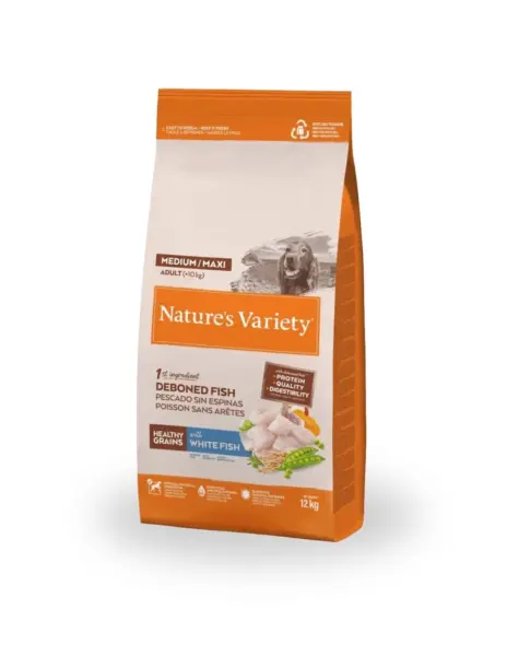 10 kg + 2 kg gratis Nature’s Variety Healthy Grain Adult Med/Maxi Pescado Blanco