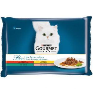 PURINA® GOURMET® Perle Finas Láminas en Salsa con Buey, Pollo, Conejo y Salmón(4x85gr)
